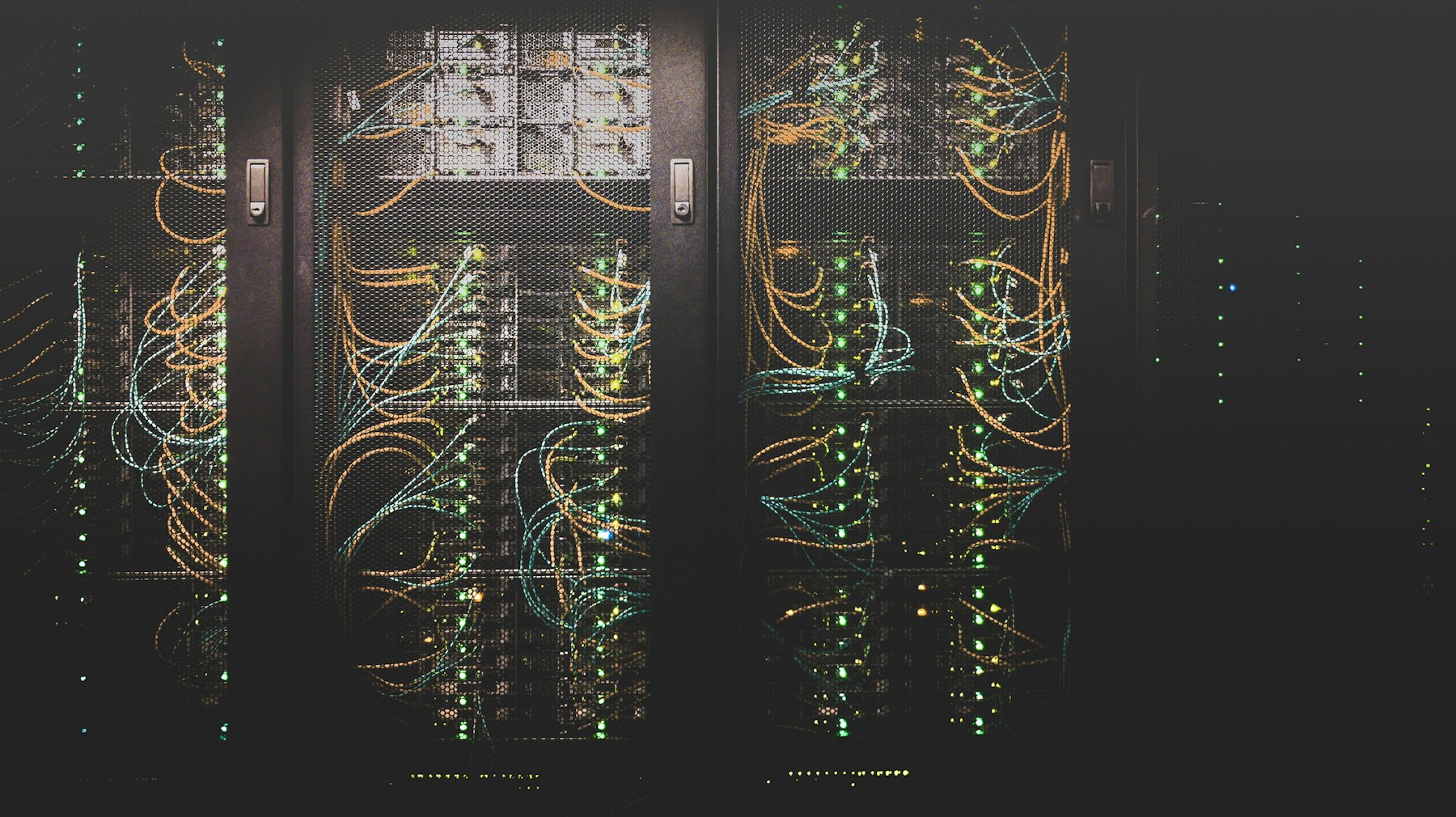 Server racks with cabling and status lights